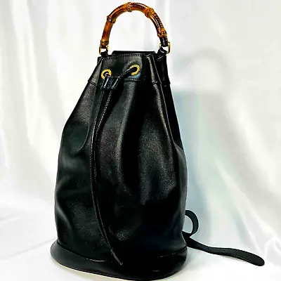 Rare Vintage GUCCI  Shoulder  Bag Bamboo Drawstring Leather Black Authentic ＃199 • $333