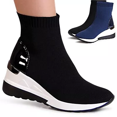 £52.42 • Buy Women's Wedge Heel Ankle Boots Trainers Socks Knitted Wedge