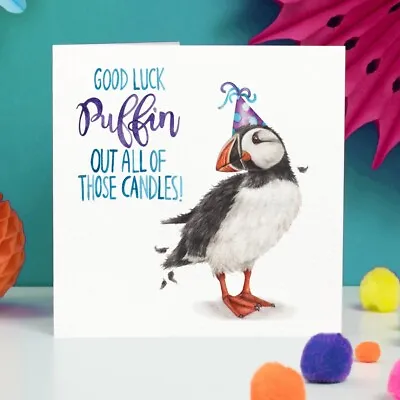 £2.99 • Buy Funny Puffin Out The Candles Birthday Card – Hand Painted And Printed In The UK
