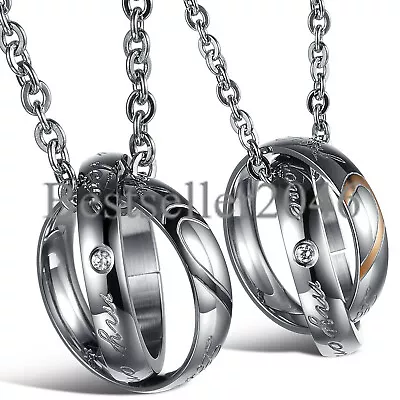  Real Love  Heart Matching Stainless Steel Interlocking Ring CZ Couple Necklace • $9.29