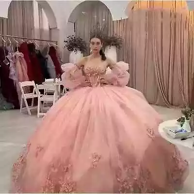 Pink Quinceanera Dresses 3D Flowers Lace Sweet 16 Party Pageant Ball Gowns • $35.99