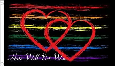 RAINBOW HEARTS FLAG 5' X 3' Love Wins Hate Will Not Win Gay Pride FestivalPeace • £5