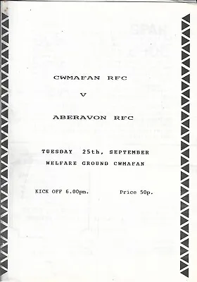 Cwmafan V Aberavon 25 Sep 19?? Circa 1980s RUGBY PROGRAMME • £7.99