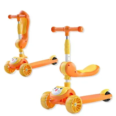 Kids Push Scooter Adjustable Height LED Flashing 3 Wheels Removable Seat Yellow • £27.49