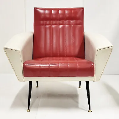 Armchair Vintage 1950 French IN Leatherette Bordeaux & White Beige 50S • $3673.18
