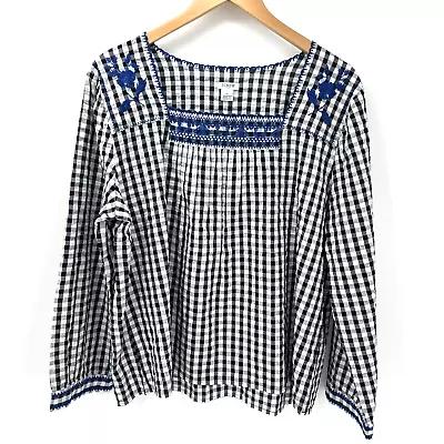 J Crew Gingham Blouse Top Blue White Women's XL Embroidered Boho Peasant Shirt • $29.99