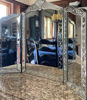 Ornate Victorian VENETIAN Mirror Trifold Etched Wall Table Beveled VANITY Makeup • $275