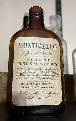 Monticello Special Reserve Rye Whiskey Amber Bottle Cork Top -Partial Label • $39.99