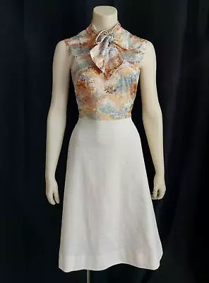 BOHO MODERN 1970s Vintage TWOFER Tailored SECRETARY DAY DRESS W/PUSSY BOW - M • $36