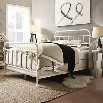 Full Size Bed Vintage Antique White Iron Style Metal Headboard Footboard Frame • $358.48