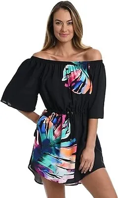 LA BLANCA In Black Off Shoulder Swimsuit Cover-Up Beach Dress S NEW • $37.49