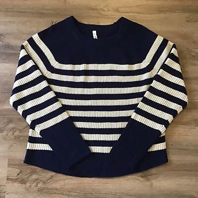 I Love It Sweater Size L Crew Neck Soft Cozy Horizontal Striped Blue Tan Fall • $14.90