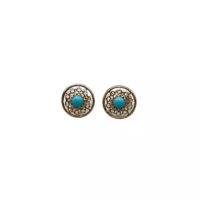 Vintage 14K Gold Studs Earrings Pierced Yellow Gold & Turquoise Round Buttons • $125