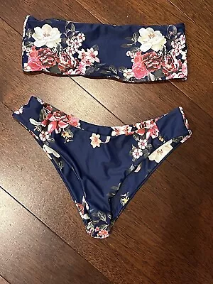 Zaful 2 Piece Bikini Navy Floral Bandeau Top Size Small • $5