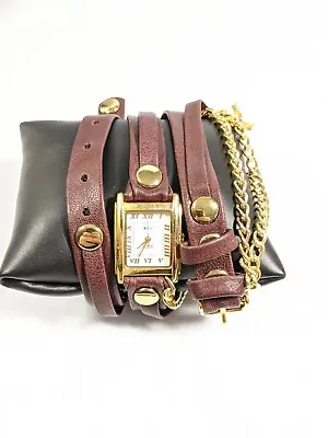 La Mer Gold Tone Textured Leaf Brown/Red Leather Multi Strand Wrap Band Watch   • $17.49
