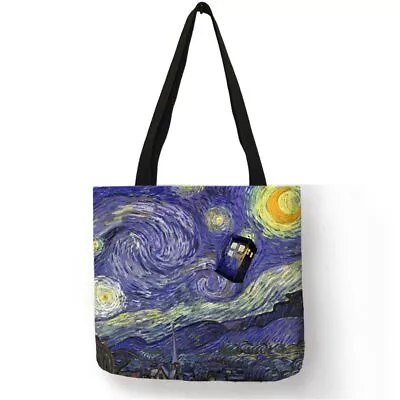 Starry Night Painting Van Gogh Linen Tote Bags Star Wars Tardis Eco-Friendly Bag • £9.44