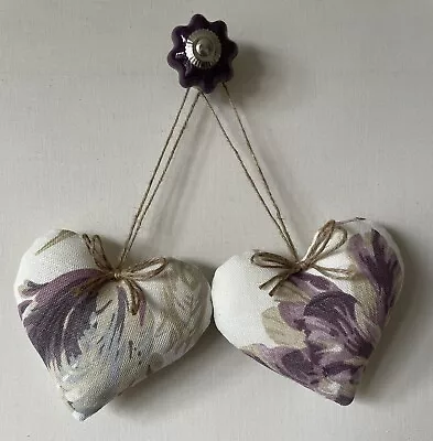 Pair Of Heart Door Hangers In Laura Ashley Gosford Plum Fabric With Twine Bow • £9.25