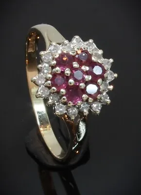 9CT Yellow Gold Ruby & Diamond Cluster Ring Size 0.10ct Size M 1/2 (80.23.843) • £157