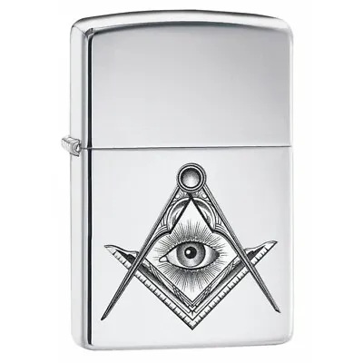 ZP8 Zippo Lighter: Masonic Compass And Square - High Polish Chrome 79242 • $30.56