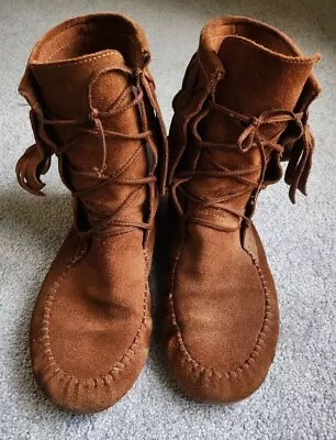 NEW LOOK - Cognac Brown Moccasins Suede Fringe Boots EU37 / UK4 • $37.96