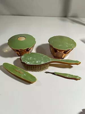 VANITY DRESSER SET Vintage Pearlized Jade Green Celluloid & Glass 8 Pieces • $15