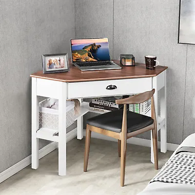 Corner Desk Computer Table Home Office Writing Workstation W/ Drawer & Shelves • £79.95