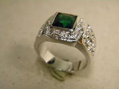 Men's Rhodium Plated Pinky Heavy Nugget Ring Emerald Green Sapphire CZ Size 11 • $14.50