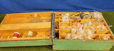 Vintage Wooden Fishing Tackle Box W/ Fly Reel/lures/Hooks/& Accessories  • $100