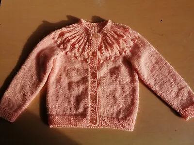 Lovely Hand Knitted Yoked Child’s Cardigan Apricot Age 2-3 Years 24” • £12