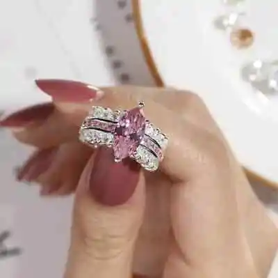 Lab Created Pink Sapphire 2Ct Marquise Cut Engagement Ring 14K White Gold Plated • $75