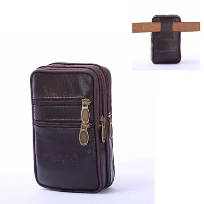 Men's Hook Belt Waist Phone Pouch Key Leather Double Zipper Pack Wallet Bag • £7.49