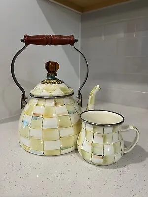 RETIRED MacKenzie Childs Yellow Parchment Check Enamel Tea Kettle Teapot & Cup • $229.99