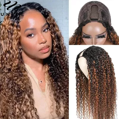 Indian Ombre Balayage Brown Curly U Part Human Hair Wigs For Black Women V Part • $81.09