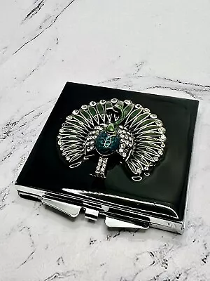 Peacock Motif Purse Travel Compact Mirror Crystals Black / Multicolor Enamel • $9.99