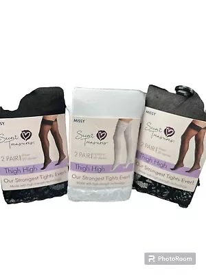 Womens Ladies Secret Treasures 3 Pair Black Sheer Thigh High Stockings Sz Missy • £23.13