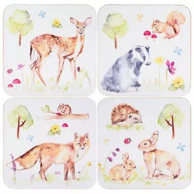 £5.99 • Buy Woodland Wildlife Set Of 4 Coasters Squirrel Deer Hedgehog Owl Mouse Fox Rabbit 