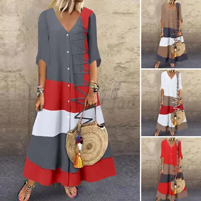 $24.02 • Buy ZANZEA Women Summer Vinatge Retro Pure Cotton Maxi Long Dress V-Neck Kaftan Gown