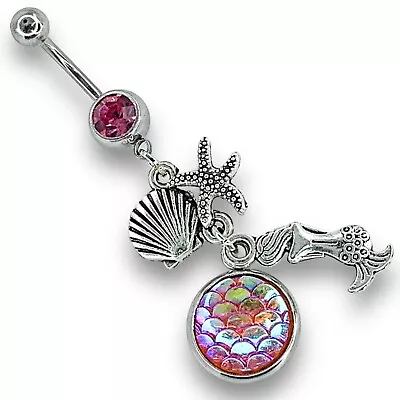 14g Pink Cz Dangle Mermaid Starfish Shell Rainbow Fish Scale Belly Ring B497 • $9.99