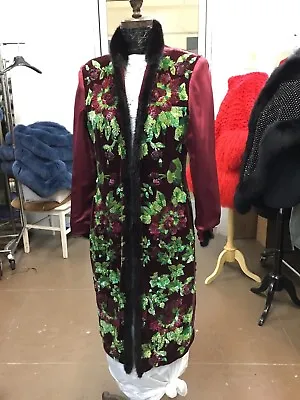 Zang Toi $8800 Burgundy Velvet Hand Beaded Floral Coat Mink Trim New Fitted • $2800