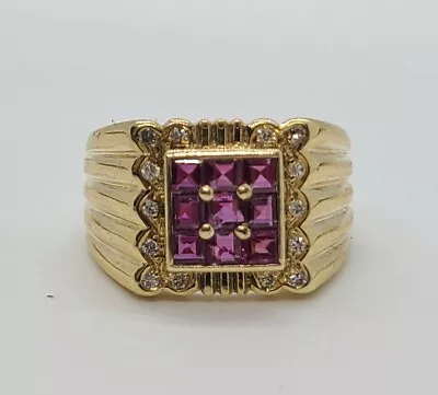 14k Yellow Gold Mens Ring Diamond .28 Ct Ruby .45 Ct Square Ring Size 7.5 • $1150