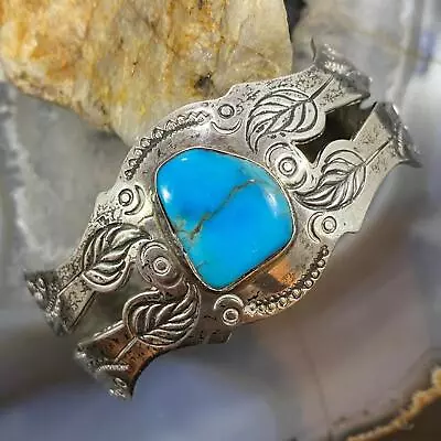 Vintage Native American Sterling Silver Turquoise Stamped Bracelet For Women • $262.50