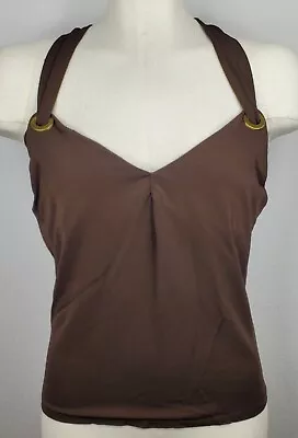 LAFAYETTE 148 Shirt Womens MEDIUM Brown Halter Stretch Brass Eyelet Ribbon • $22