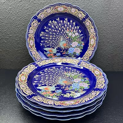 Vintage Moroccan Taous Blue Gold Cobalt Peacock Dinner Plate Plates Set 5 • $269.99