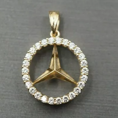 1Ct Natural Moissanite Mercedes Benz Charm Pendant Free Chain Gold Plated Silver • $89.99