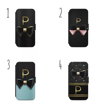 £9.36 • Buy Personalised Name Initials Bow Gold Black B72 Flip Wallet Case IPhone Samsung