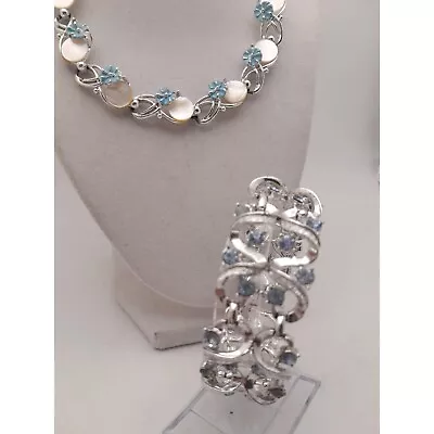 VTG Silver & Blue Rhinestone Coro Bracelet W/ MOP & Floral Enamel Necklace -READ • $18.97