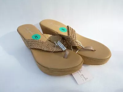 Mila Paoli Womens Shoes Sandals Tan Flip Flop Wedge Rhinestones Size 8 SKU#06874 • $28.50