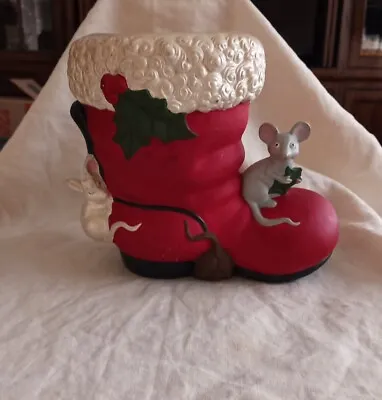 Vintage Ceramic Santa Claus Velvet Boot Mice Holly Christmas Handpainted 9 X 7 • $29.95