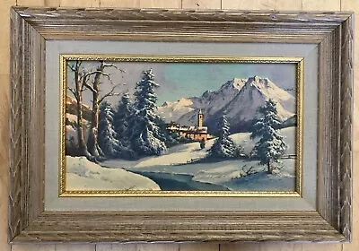 Vintage Framed Winter Scene Church Mountains Wintry Snow Snowy Trees Gold Wood • $100