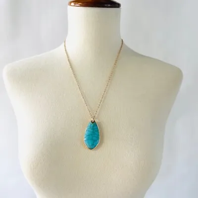 $14.75 • Buy Blue Stone Pendant Statement Necklace 20  Gold Tone Elegant Turquoise